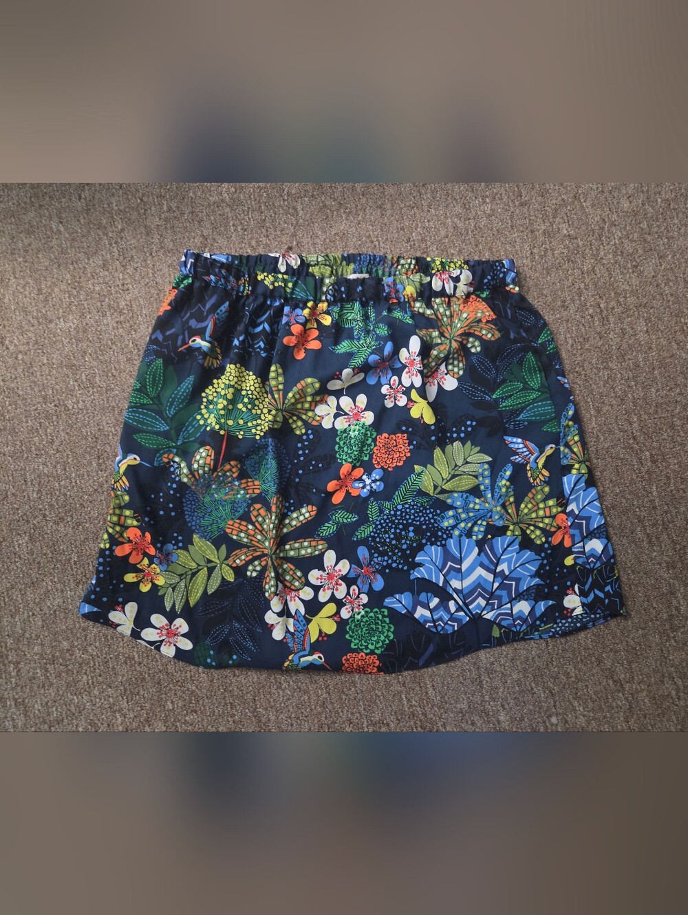 Navy Hummingbird Floral Elastic Waist Skirt